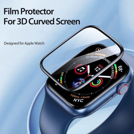 Een transparante screenprotector wordt boven een blauw Apple Watch geplaatst. De tekst 'Film Protector For 3D Curved Screen' staat linksboven.
