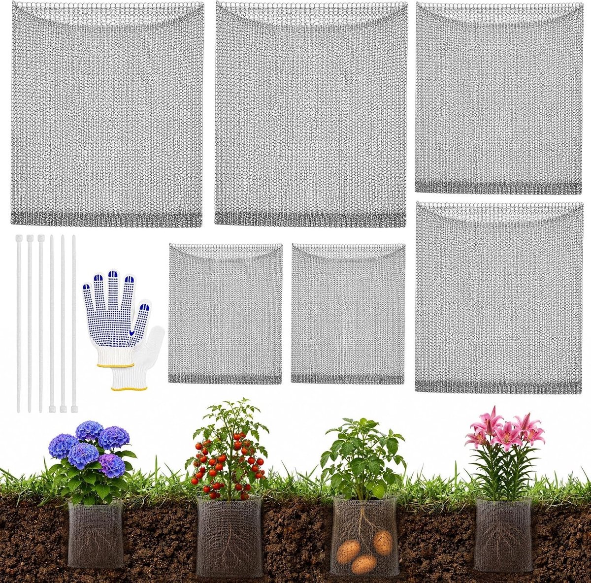Set van 6 woelmuizenmanden voor effectieve wortelbescherming, roestvrij staal, diverse maten 23x25 cm, 35x35 cm en 43x45 cm