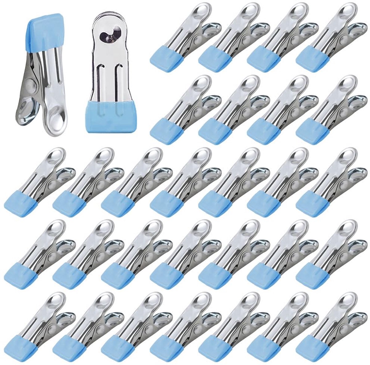 QTTVBTNA -Wasknijpers - Set van 30 - Roestvrijstalen Knijpers - Blauw, roestvrij, waterbestendig, windbestendig - Sterke veer, antislip rubberen coating - Multifunctioneel voor kleding, handdoeken, snacks en foto's - Voor thuis en reis