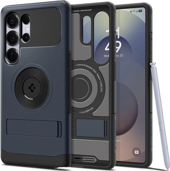 Spigen Slim Armor MagFit hoesje voor Samsung Galaxy S25 Ultra in metaalgrijs met ingebouwde standaard en MagSafe-compatibele ring.