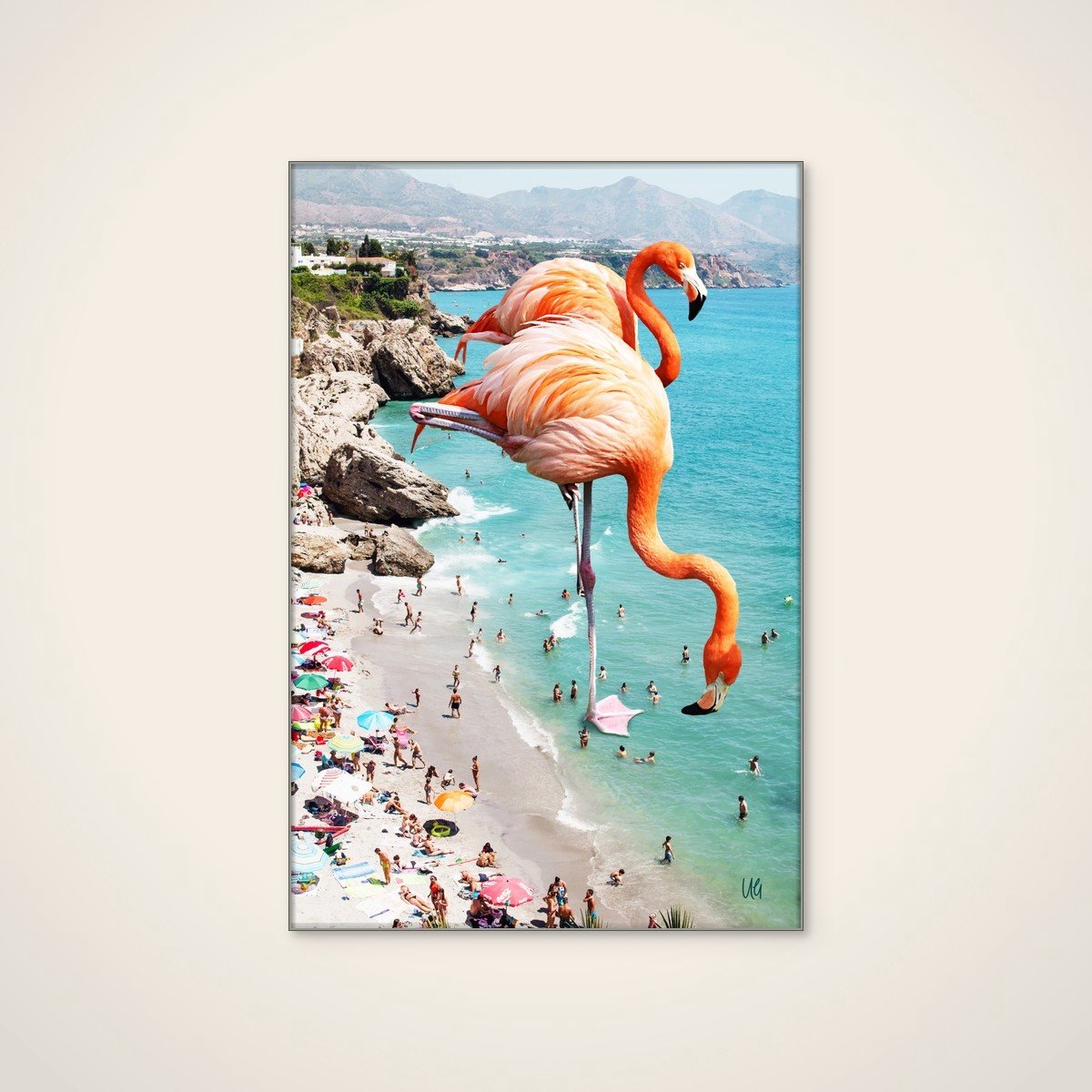 Akoestisch schilderij - 60 x 90 cm - Surreal Beach Flamingos van Uma Gokhale - Dieren wanddecoratie - zilver textielframe