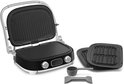 Zwarte contactgrill open, met grillplaat en extra wafelplaten, maatbeker en spatel.