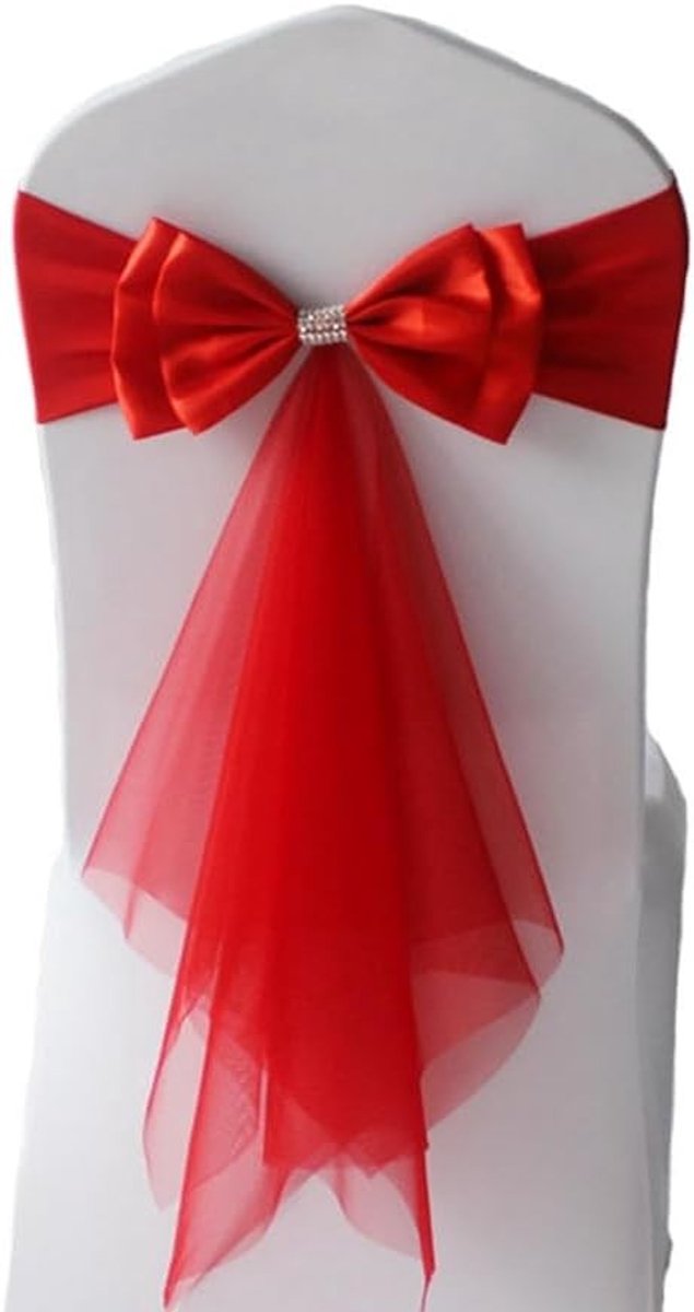 Elegante Stoelstrikken voor Bruiloften - 20 Stuks Satijnen Bogen met Strass, Verstelbare Elastische Banden voor Feestdecoratie, Rood Tulle Achterzijde zonder Stoelhoes