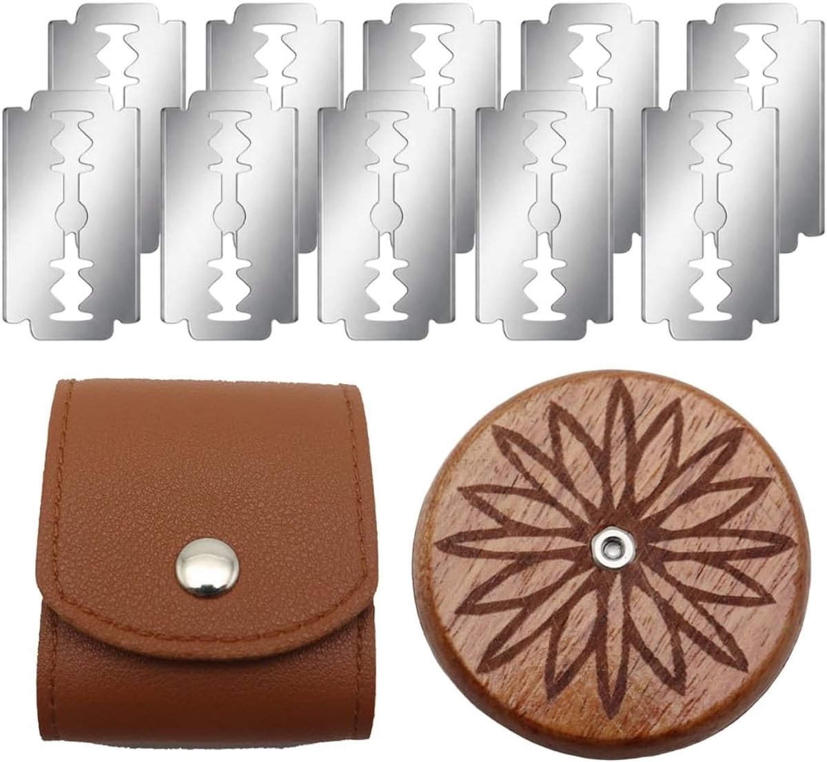 Professioneel broodsnijmes met houten handvat en 10 roestvrijstalen reservemessen, inclusief leren tas voor veilig opbergen, perfect voor zuurdeegbrood en decoratieve snijtechnieken