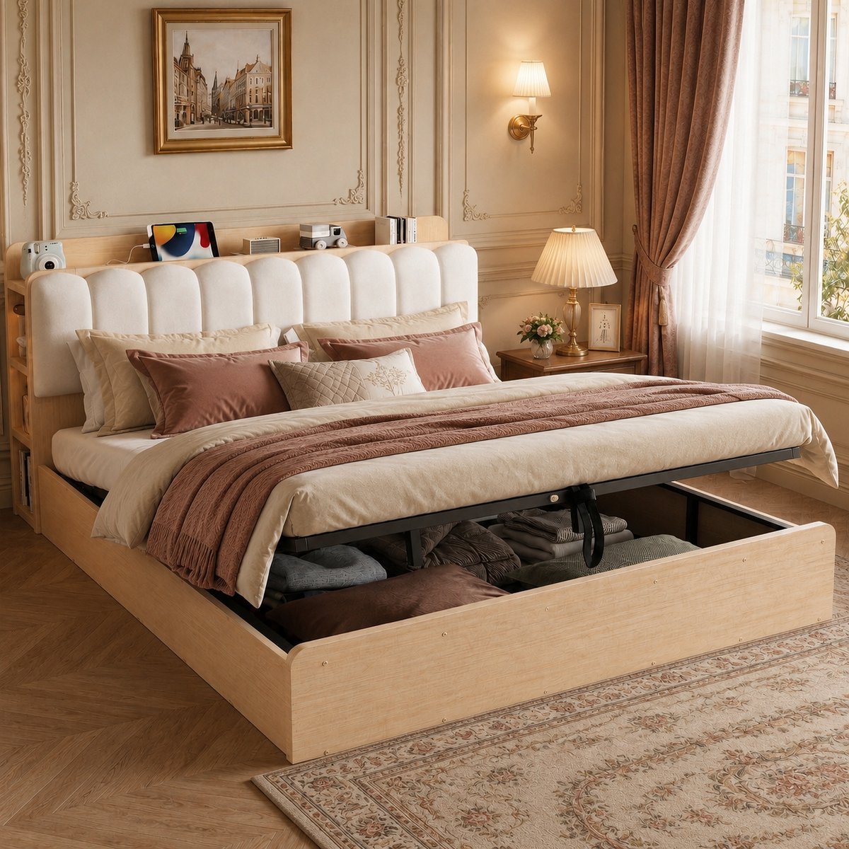 Tweepersoonsbed 180x200 cm - Gestoffeerd bed - Opbergbed - Hydraulisch tweepersoonsbed - Met Lattenbodem - Met Opbergruimte - Natuurlijke houtkleur