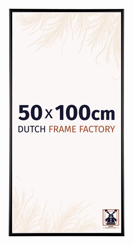 Een zwart aluminium fotolijstprofiel van 50x100 cm, met 'DUTCH FRAME FACTORY' logo en veer decoratie.