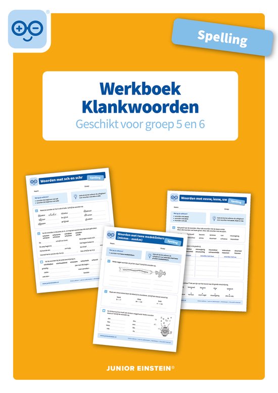 Een werkboek Spelling Klankwoorden, geschikt voor groep 5 en 6. De kaft toont de titel in grote letters en opdrachten.