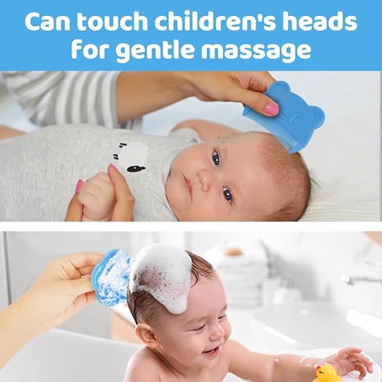 Blauwe babykam in beervorm voor zachte massage, en voor het inzepen van baby in bad.