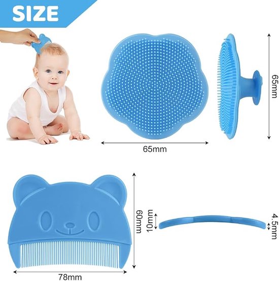 Afmetingen van blauwe babykam in beervorm: 78mm breed, 60mm hoog, 4,5mm dik. Ook een blauwe borstel 65x65mm.