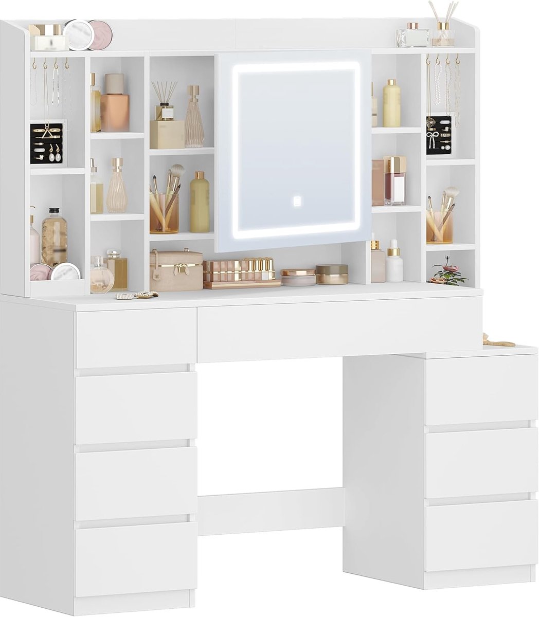 Hzuaneri 120 cm Kaptafel met Spiegel en Ledverlichting, Verstelbare Lichtstrip, Make-uptafel met 8 Lades en 11 Open Opbergvakken, 40 × 120 × 141 cm, Wit
