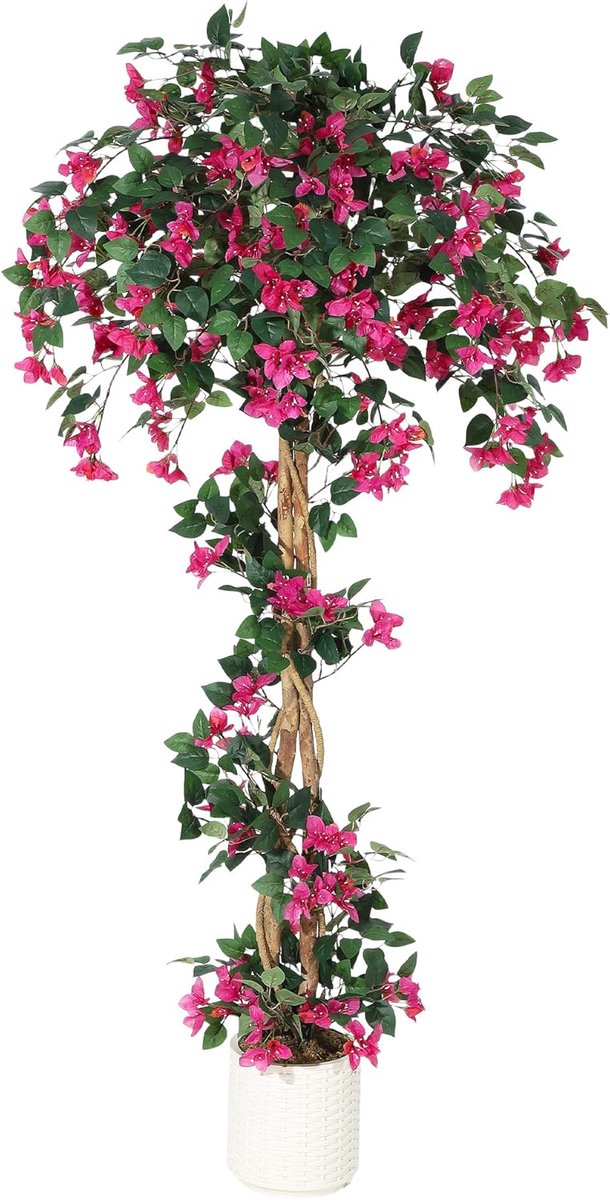 180cm Natuurgetrouwe kunst bougainvillea‑boom van zijde, UV‑bestendige roze bloemen, stam van natuurlijk hout in witte plantenpot, onderhoudsvrije grote groenvoorziening voor binnen, tuin, kantoor en bruiloftdecoratie