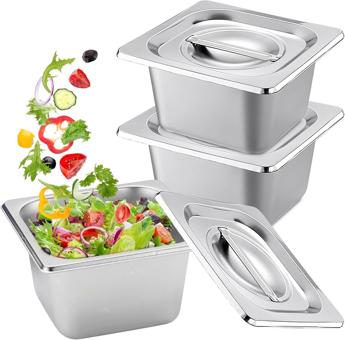 Set van 3 GN containers 1/6 roestvrij staal met deksel, 10 cm hoog, ideaal voor voedselopslag, stomen en als inzet voor Chafing Dish