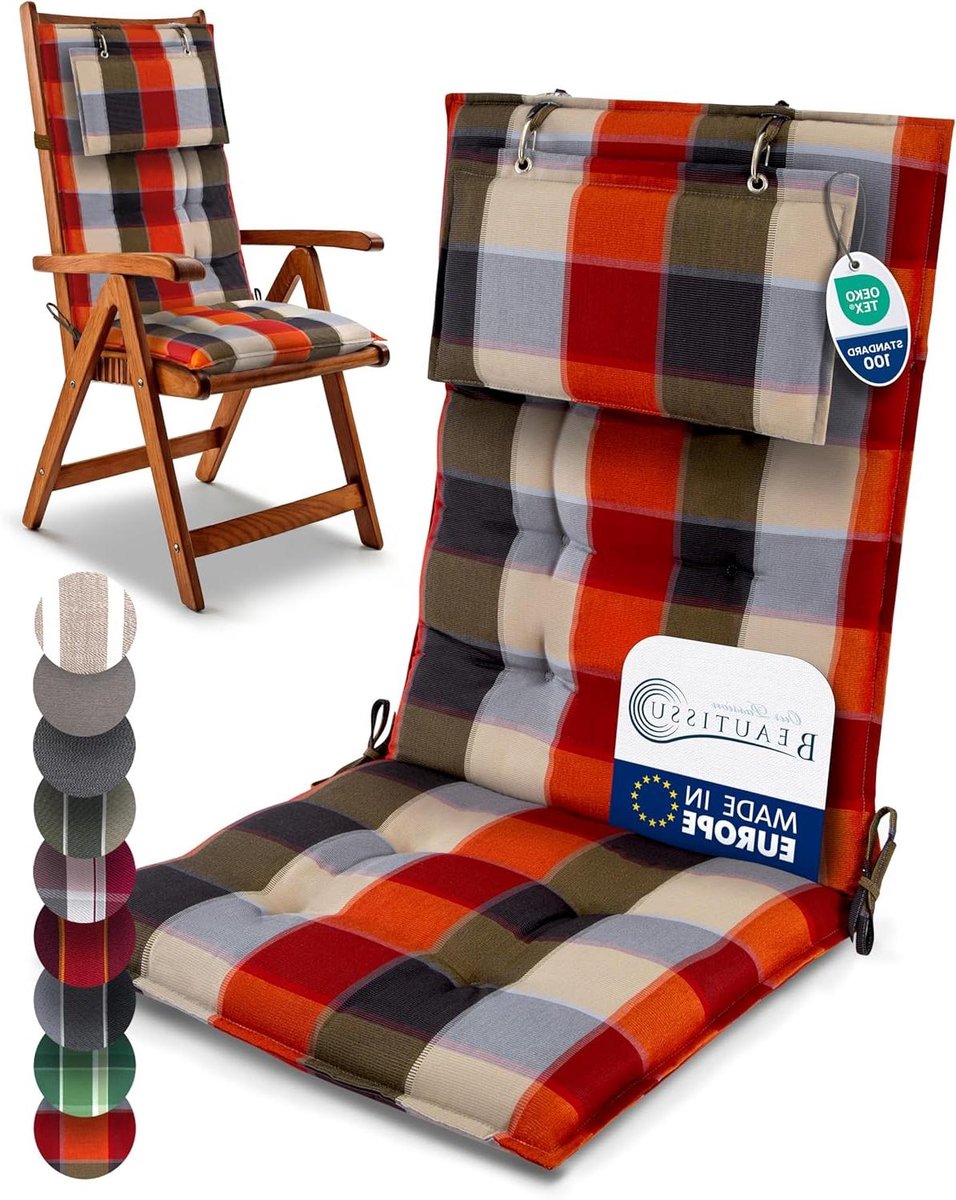 Hoge Rugleuning Kussens - Tuinstoelkussens Set - Buiten Ontspannen - 8cm Dikke Vulling - 120x50 cm - Oranje Beige Geblokt