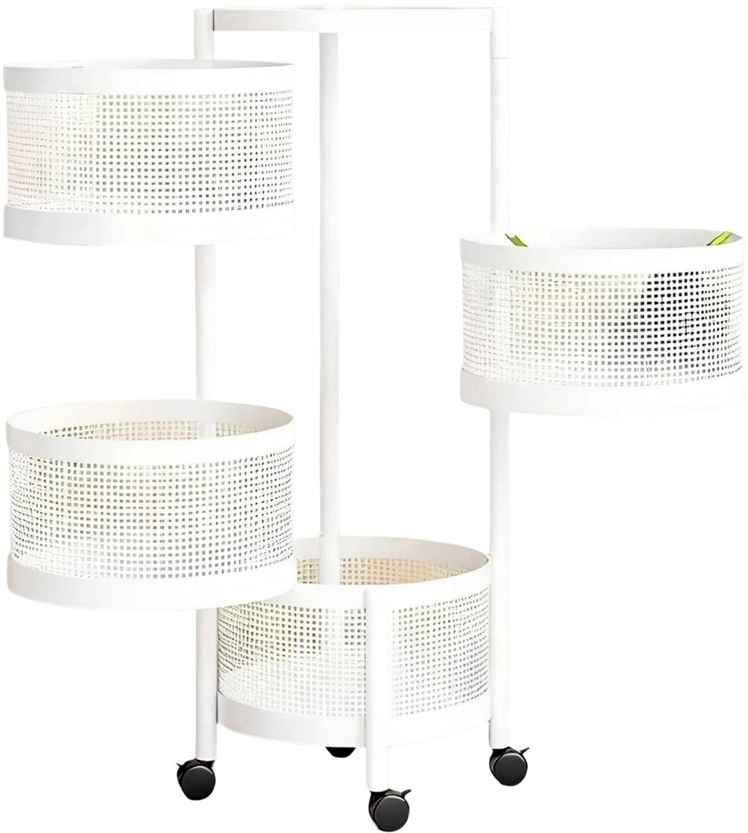 Draaibaar Opbergrek met 4 Manden - Verrijdbaar design met Opbergruimte - voor keuken en woonkamer - Wit Metaal