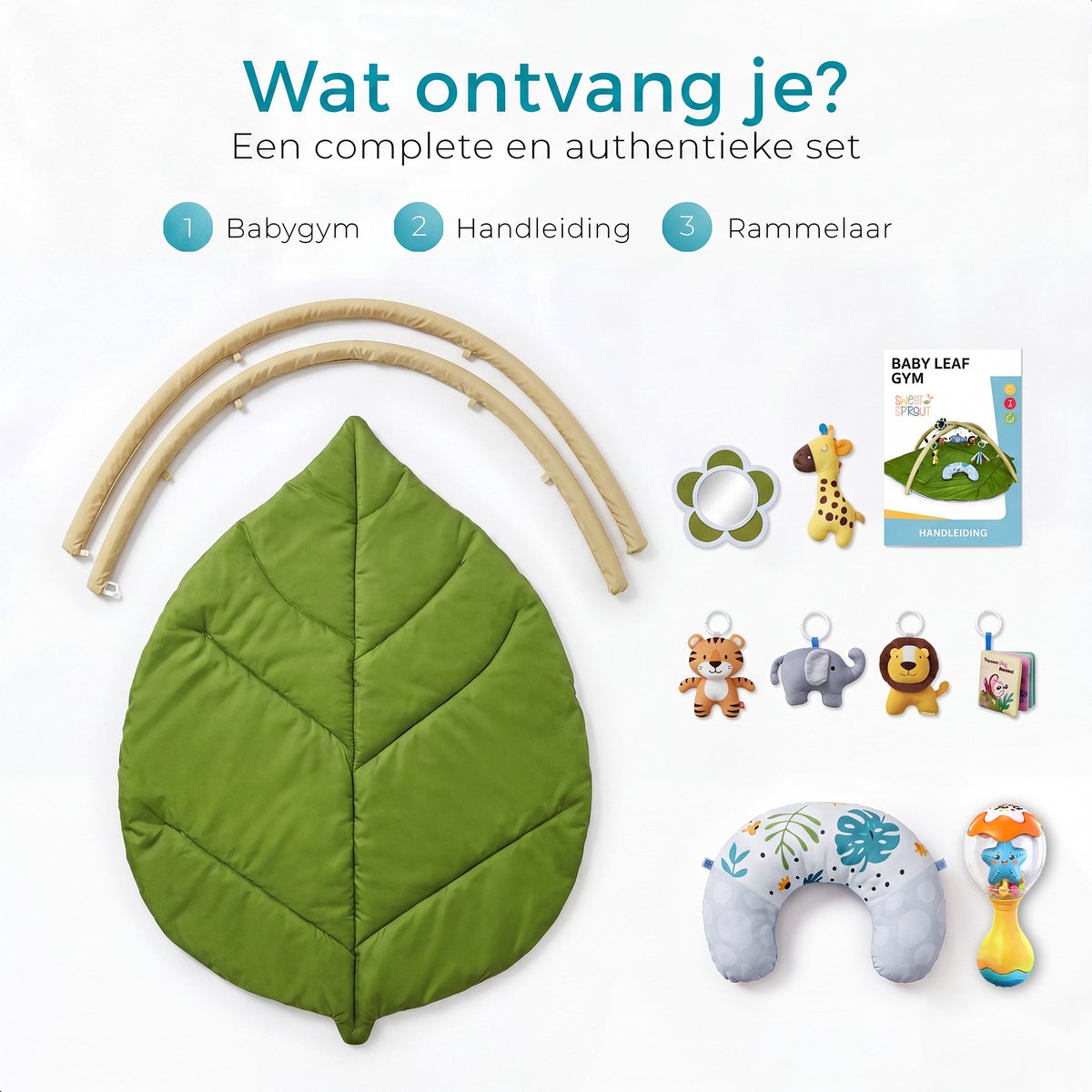 Babygym met boog - Speelmat - Speelkleed - Baby speelgoed - Babyshower - Boxkleed - Speelmat baby - 5 Speeltjes - Inclusief Rammelaar - Groen blaadje — afbeelding 7