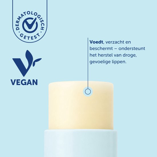 Dermolin lippenbalsem. Dermatologisch getest en vegan. Voedt, verzacht en ondersteunt herstel van droge, gevoelige lippen.