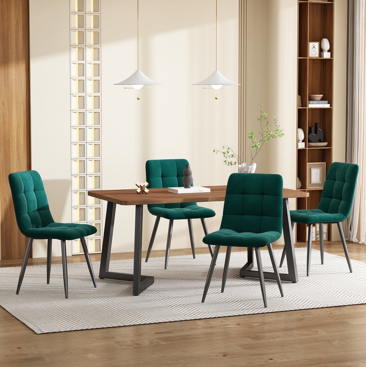 DESMIU Set Tafel En Stoelen 117 x 68 x 75 cm - 5-Delige Eethoek Met 4 Fluwelen Stoelen - Voor Keuken En Eetkamer - Hout En Metaal - Walnoot En Donkergroen