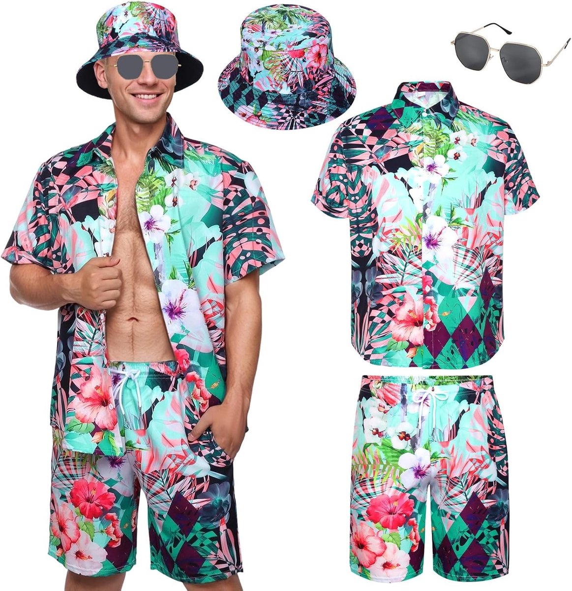 Zomer Raveparty Hawaii Shirt voor Mannen met Korte Mouwen, Shorts, Hoed en Zonnebril - Perfect voor Strand en Feestjes