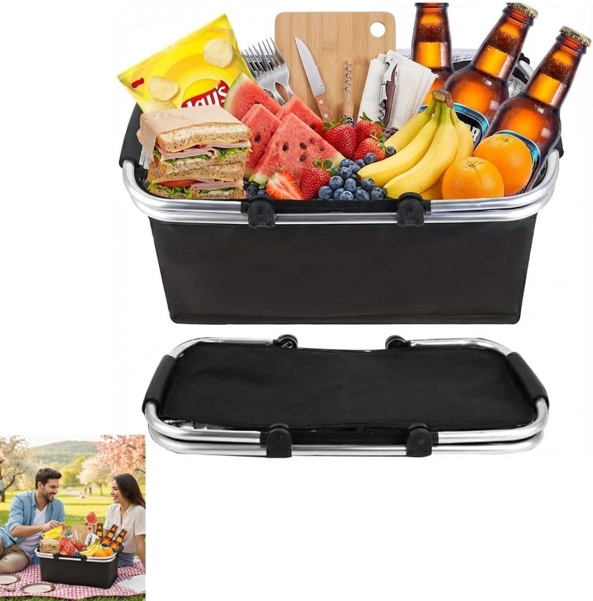 Opvouwbare Boodschappenmand als Picknickmand, Draagbare Koelbox met Gevoerde Handgrepen voor Winkelen en Reizen, 30 Liter, Ideaal voor Buitenactiviteiten