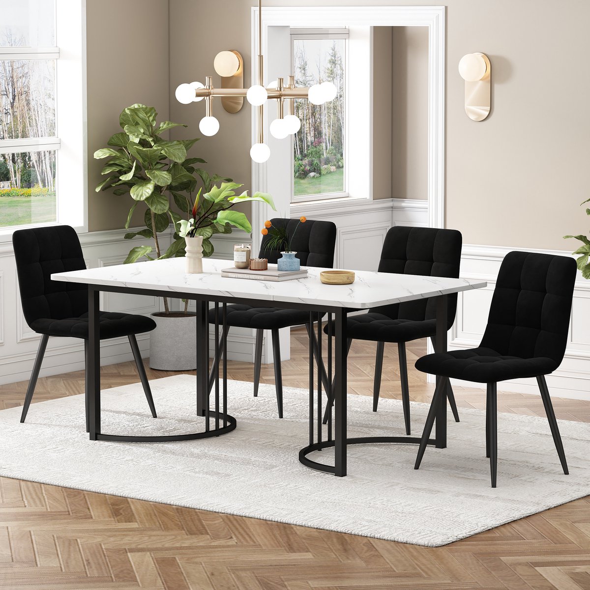 DESMIU Set Tafel En Stoelen 140 x 80 cm - Met 4 Fluwelen Eetkamerstoelen En Verstelbare Tafelpoten - Voor Keuken En Eetkamer - MDF Metaal Wit Zwart