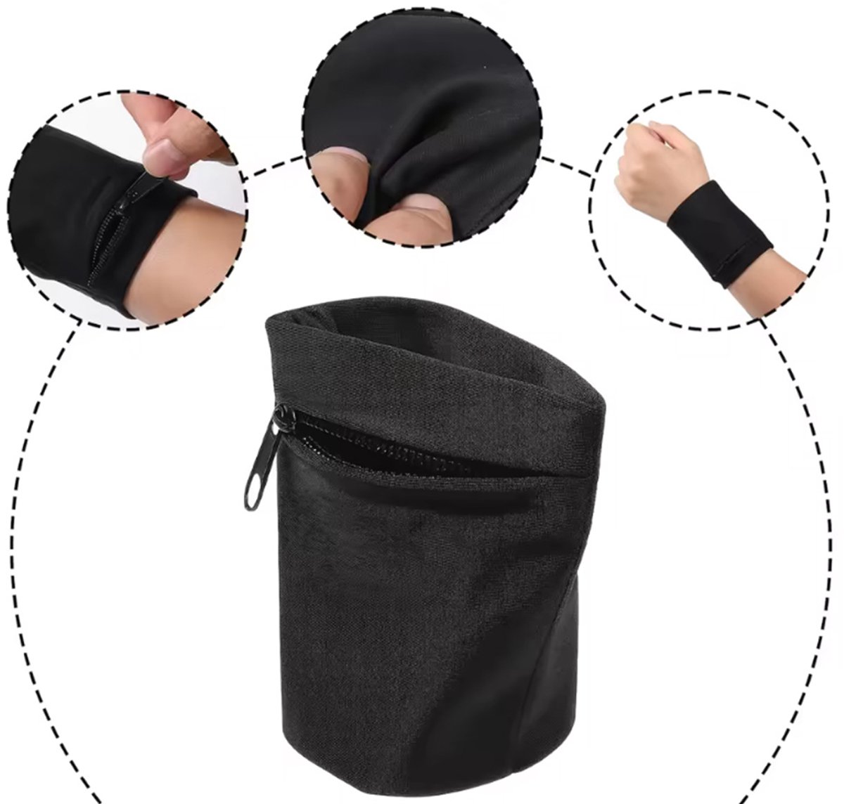 Zwart polsbandje met rits - Polsbandje met opbergvakje - Zwart - Polyester - 1 stuk - 10/10CM - CHPN