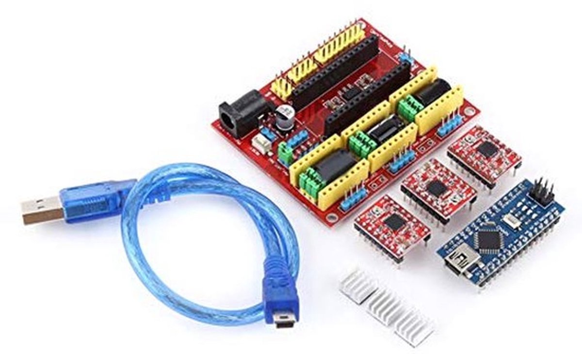 - Uitbreidingskaartkit voor 3D-printergraveren: CNC Shield V4 + Nano 3.0-kaart + A4988-driver met USB-kabel