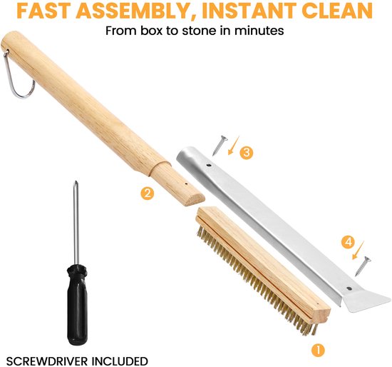 1 stuk - De pizzaborstel - met roestvrijstalen steenschraper, messing borstelharen, houten handvat en ophangring - is een accessoire voor pizzaovens voor buiten, compatibel met Ooni, Gozney, Blackstone en Solo Stove ovens (53 cm, bruin) — afbeelding 4