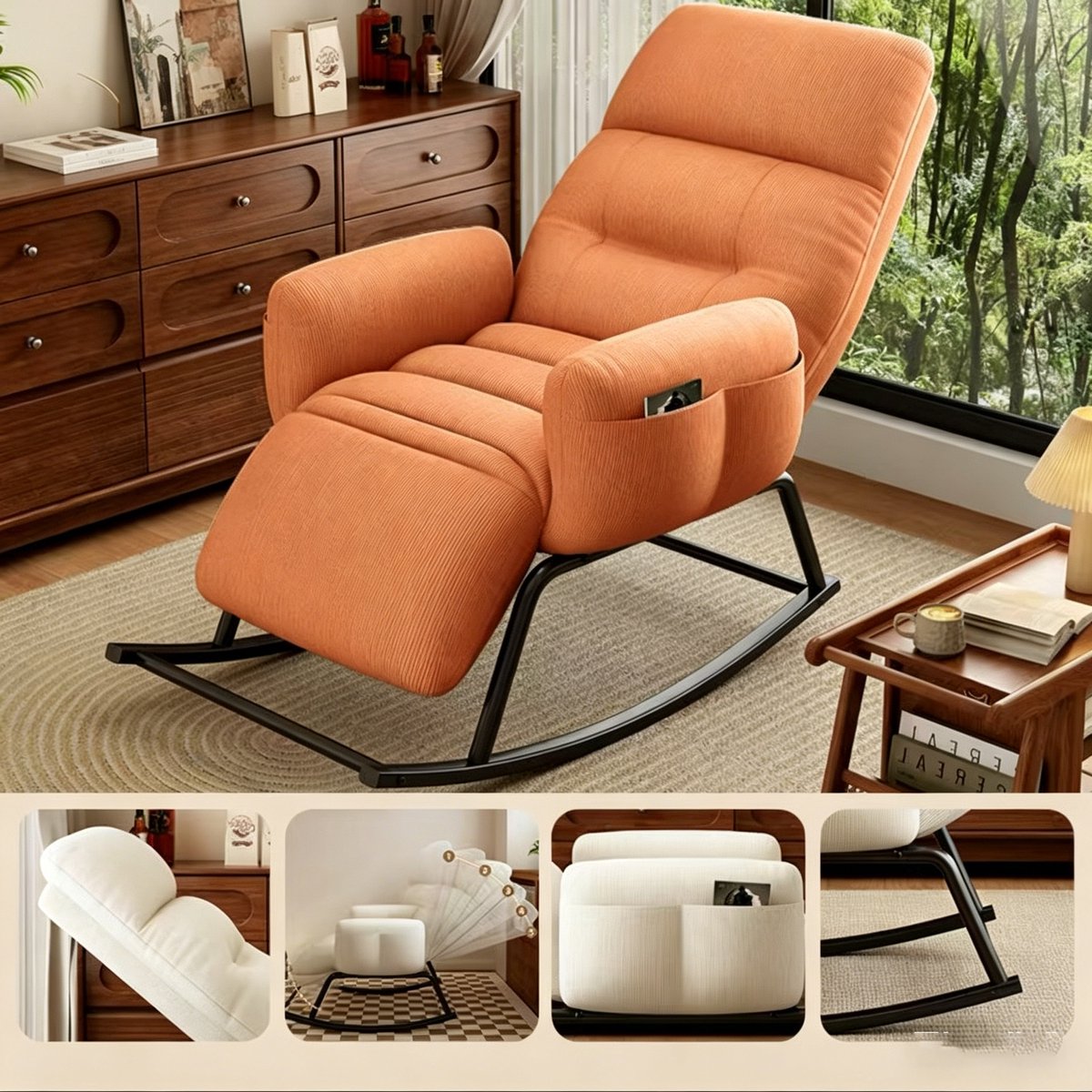 Deze comfortabele oranje corduroy schommelstoel heeft een in 5 standen verstelbare rugleuning en voetensteun Ideaal om buiten te lezen of binnen te ontspannen perfect voor terrassen veranda's balkons en woonkamers