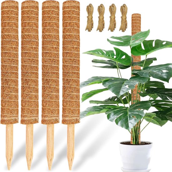 Mosstok voor Planten - Verlengbaar tot 140cm - Plantenstok - Plantensteun - Perfect voor Monstera, Pothos en Meer - 4x50 cm - Inclusief Juten Touw