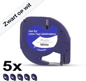 5 Stuks - Navulling Geschikt Voor Dymo LetraTag Labelprinter - dymo letratag navulling - Compatible Labels 91201 / S0721610 - Zwart op Wit Plastic - 12 mm x 4 m - Etiketten/Labeltape
