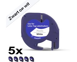 5 Stuks - Navulling Geschikt Voor Dymo LetraTag Labelprinter - dymo letratag navulling - Compatible Labels 91201 / S0721610 - Zwart op Wit Plastic - 12 mm x 4 m - Etiketten/Labeltape