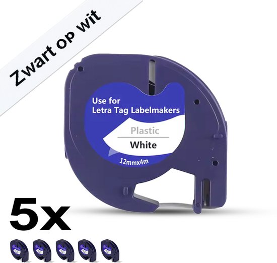 5x cassette, noir sur blanc plastique, 12mm x 4m, pour étiqueteuses Dymo LetraTag.