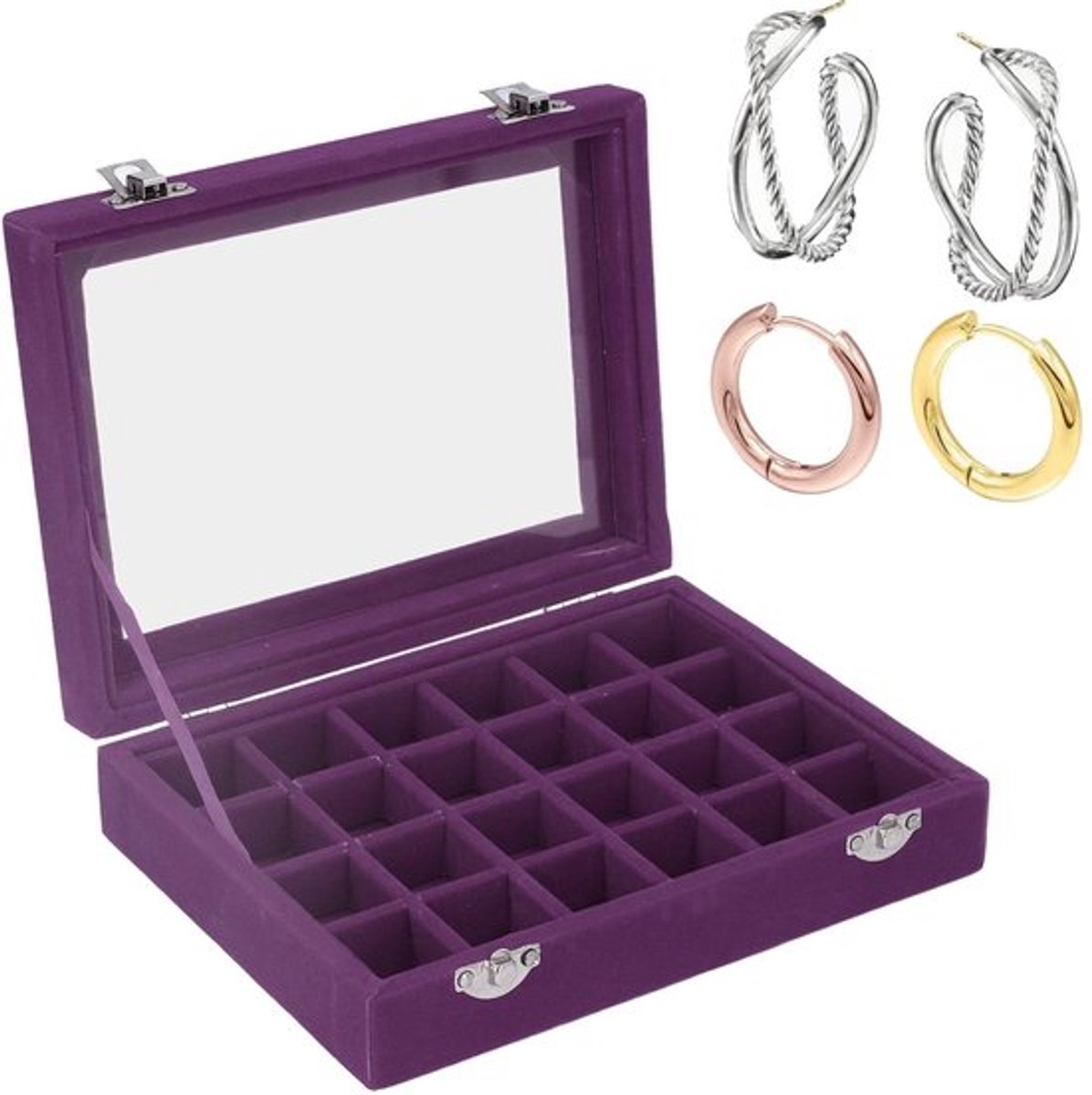 24 Grid Velvet Sieradendoos, Velvet Sieradendoos Organizer 24 Compartimenten met Transparante Deksel Oorbellen Ring Kettingen Armband Display Opbergtas voor Meisjes en Moeder (Paars)