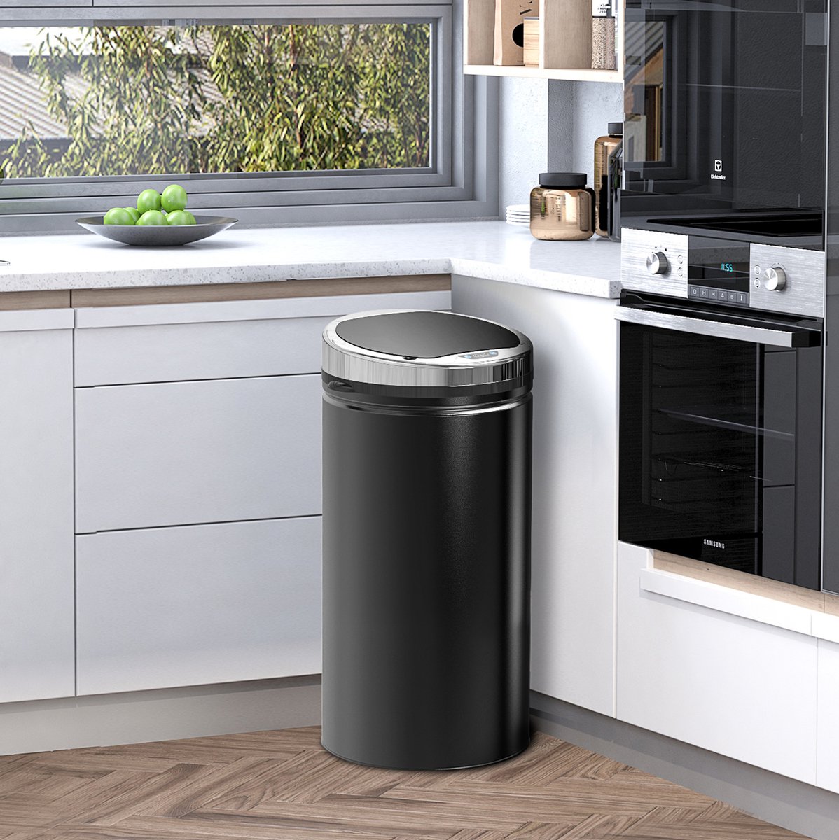 MIVRAY Sensorprullenbak – Automatische Opening Met Infraroodsensor – 42 Liter 30,5 x 30,5 x 68 cm – Metaal – Zwart – Met Deksel en Binnenemmer