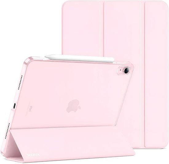 Roze iPad hoes met Apple Pencil, staand op de achterkant van de iPad.
