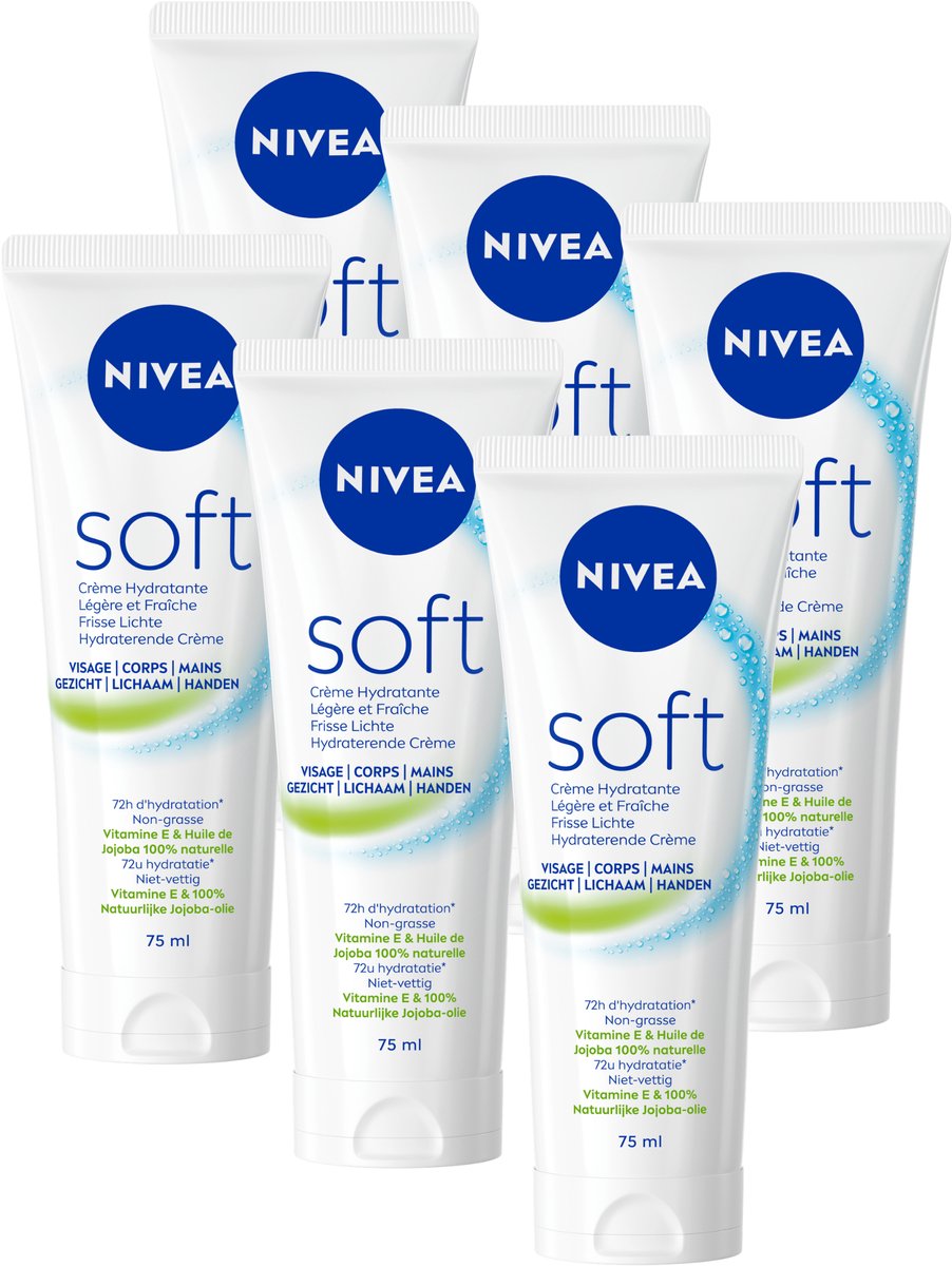 NIVEA Soft Bodycrème - Crème voor Lichaam en Gezicht - Hydraterende Gezichtscrème - Voordeelverpakking - 6 x 75 ml