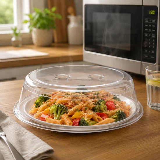 Transparant magnetrondeksel boven een bord penne pasta met broccoli, paprika en stoom, naast een magnetron.