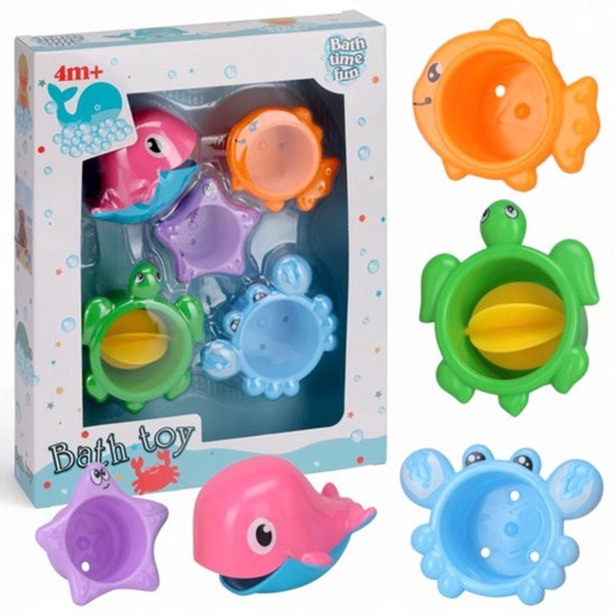 Badspeelgoed Set 5 Stuks - Zeedieren - BPA Vrij - Walvis, Schildpad, Sterrenvis, Vis en Krab