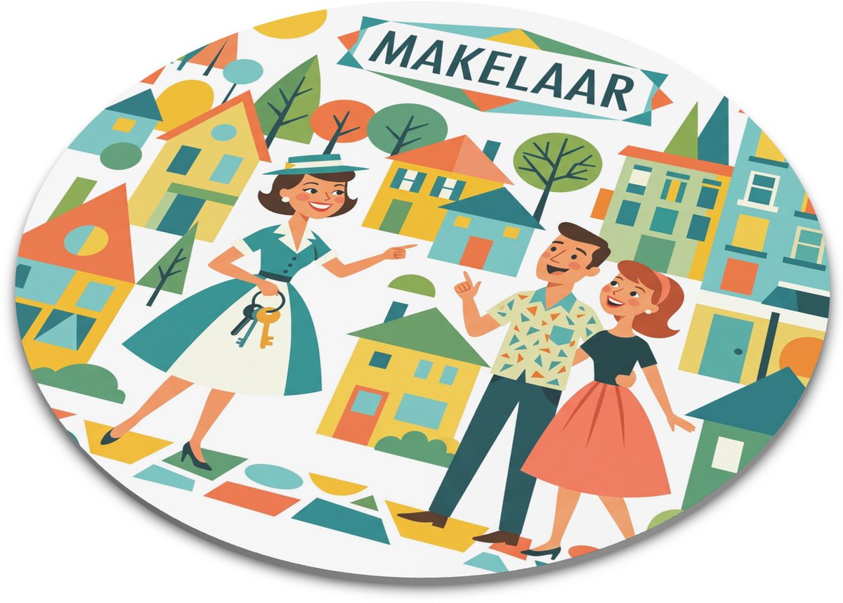 Ronde Muismat Makelaar Retro Gouache Huis en Sleutels Illustratie Grappig Cadeau Vastgoed en Makelaardij Bureau Styling