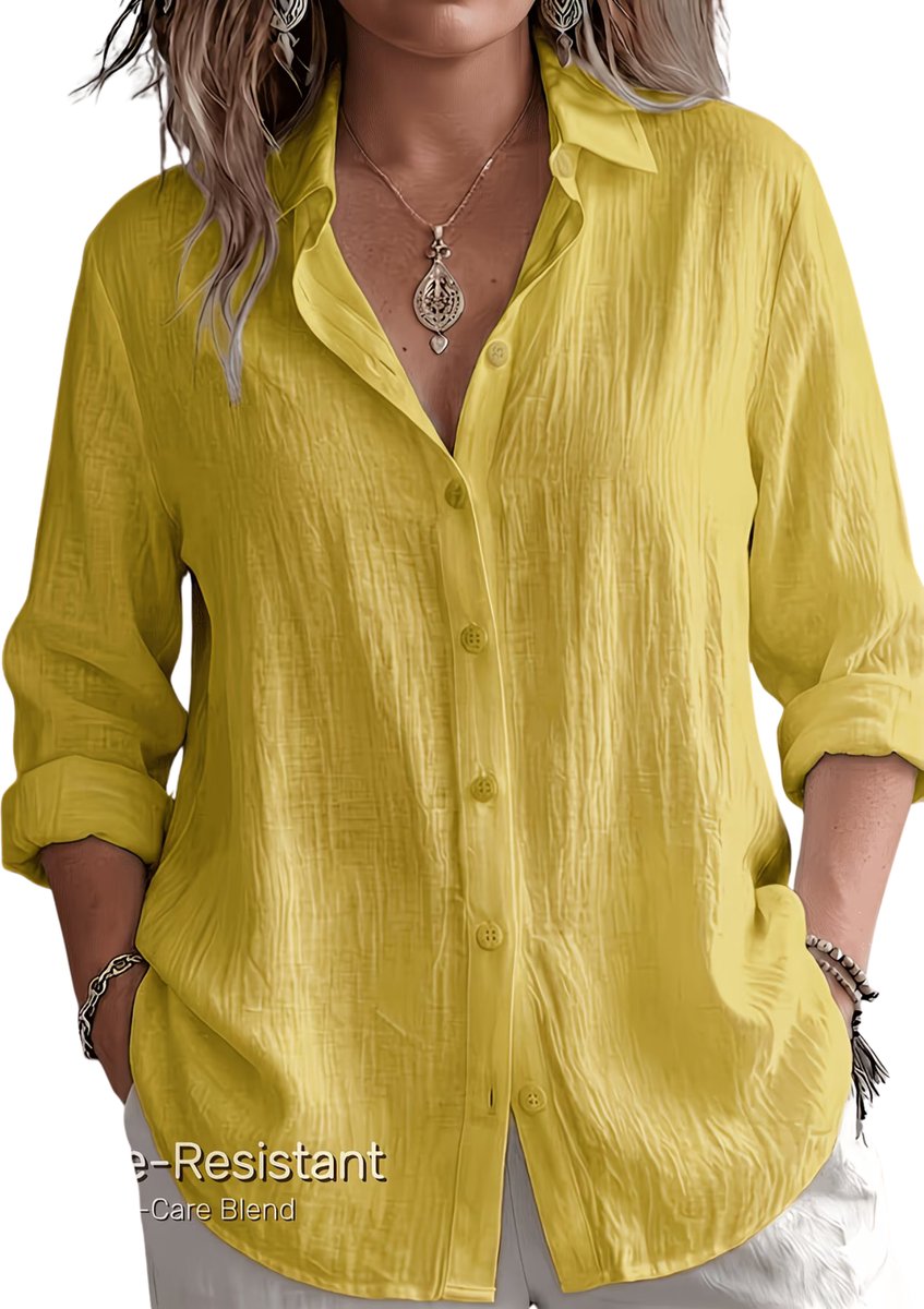 Currero Linnen Blouse Dames T-Shirt Polo Overhemd Shirt Zomer Ibiza Stijl Fel 2XL Geel