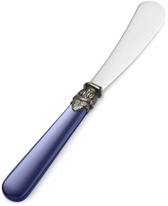Botermesje met een donkerblauw handvat en zilverkleurig, gedetailleerd metalen verbindingsstuk.