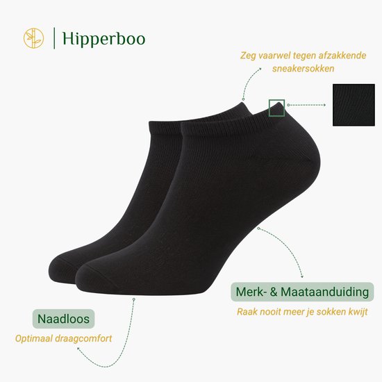 Twee zwarte Hipperboo enkelsokken met tekst 'Naadloos' en 'Merk- & Maataanduiding'.