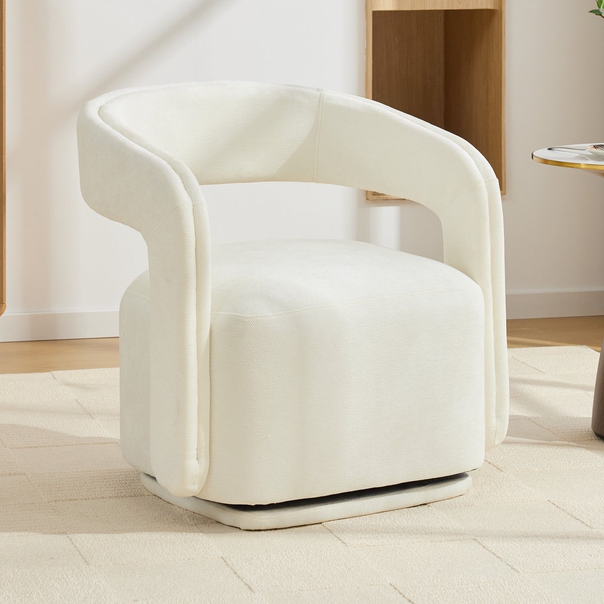 OKWISH Fauteuil - 360 Graden Draaibaar Barrel Design - Ergonomisch En Zacht Chenille - Voor Woonkamer Of Leeshoek - Hout - Wit