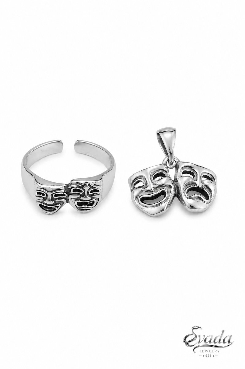 EVADA Jewelry 925 Sterling Zilver Sieradenset – Theatermasker Hanger en Verstelbare Ring – Dames
