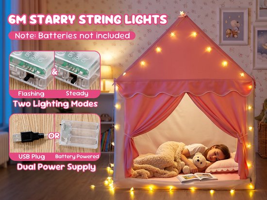YEERSWAG Prinsessen Speeltent voor Kinderen - Roze Speelhuis met LED Sterrenverlichting, Speelmat en Opbergtas - Binnen & Buiten - 128 x 118 x 102 cm — afbeelding 2