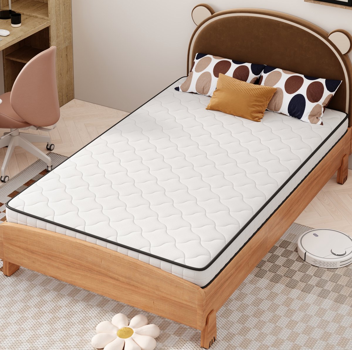 Binnenveringmatras 90 x 200 cm – H3 Stevig Ligcomfort – Ergonomische Lendensteun – 12 cm Rolmatras – Wit