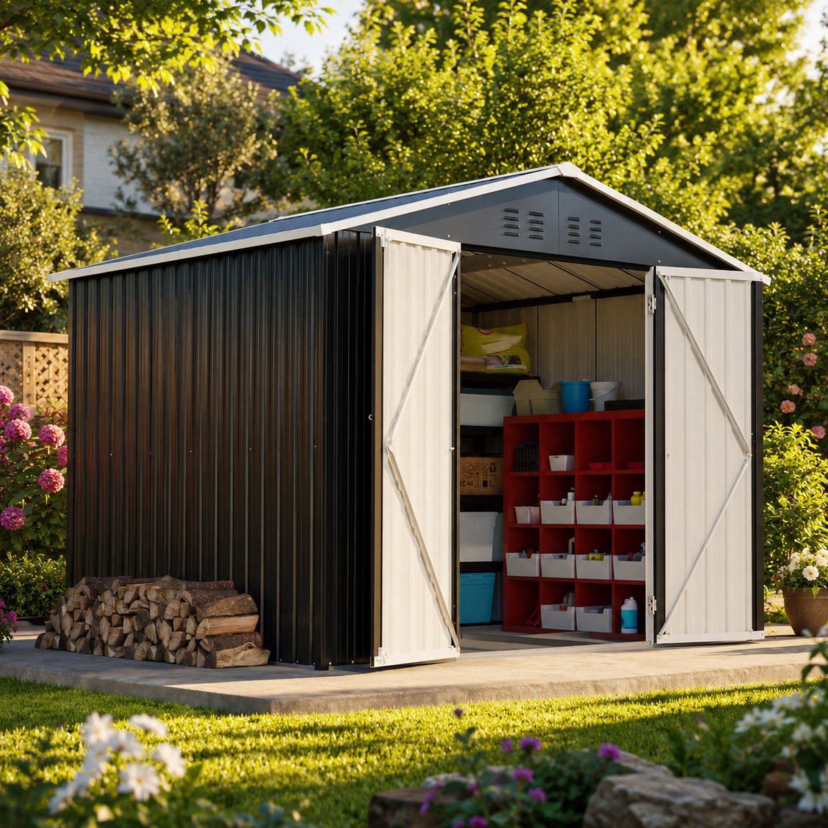 Tuinhuis - Metalen Gereedschapsschuur - 240x192x191 cm - Outdoor Tuinopslag - Afsluitbare Tuinopslag - Met schuifdeur en 4 ventilatieopeningen - Waterdicht - Weerbestendig - Voor Achtertuin, Terras en Grasveld - Zwart