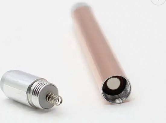 Stylo couleur cuivre avec capuchon argenté. Le capuchon a un ressort et un filetage.