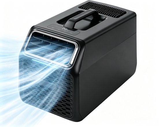 Campingairco - Mobiele airconditioner -– Hoog koelvermogen – 5000 BTU - Stille werking – Automatische waterafvoer – Twee ventilatiestanden – Voor tent camper en kleine ruimtes – 54,3 x 31,5 x 36,3 cm – Met afstandsbediening en afvoerslang – Zwart