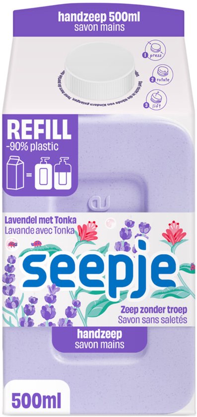 Paarse navulverpakking van 500 ml handzeep met lavendel en bloemenprint. Tekst: "REFILL -90% plastic".